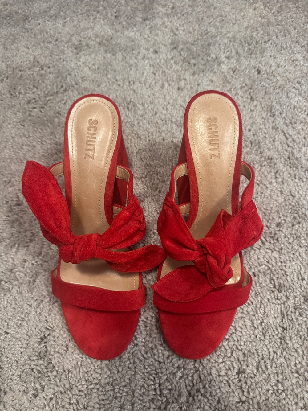 SCHUTZ Red Suede Knot Slide Heels